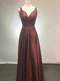 A-line V-neck Long Burgundy Prom Dresses With Appliques MP124