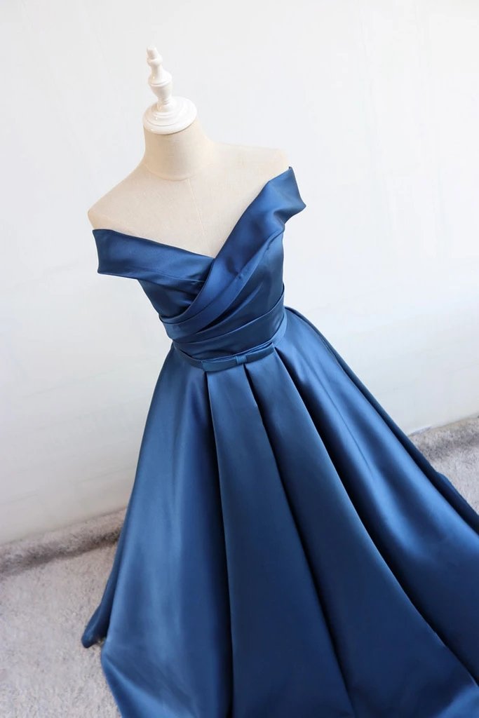 Off Shoulder Satin Blue Long Prom Dresses, Long Evening Dress MP145