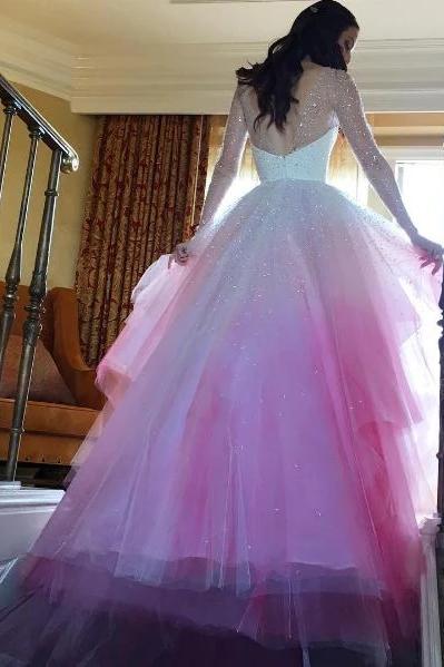 Sparkly Beading Long Sleeve Ombre Wedding Dresses With Layered Bridal Gown PW85