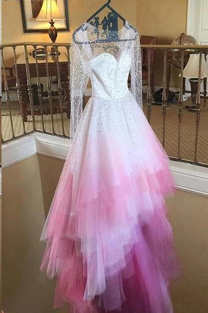 Sparkly Beading Long Sleeve Ombre Wedding Dresses With Layered Bridal Gown PW85