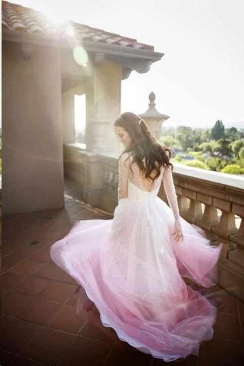 Sparkly Beading Long Sleeve Ombre Wedding Dresses With Layered Bridal Gown PW85