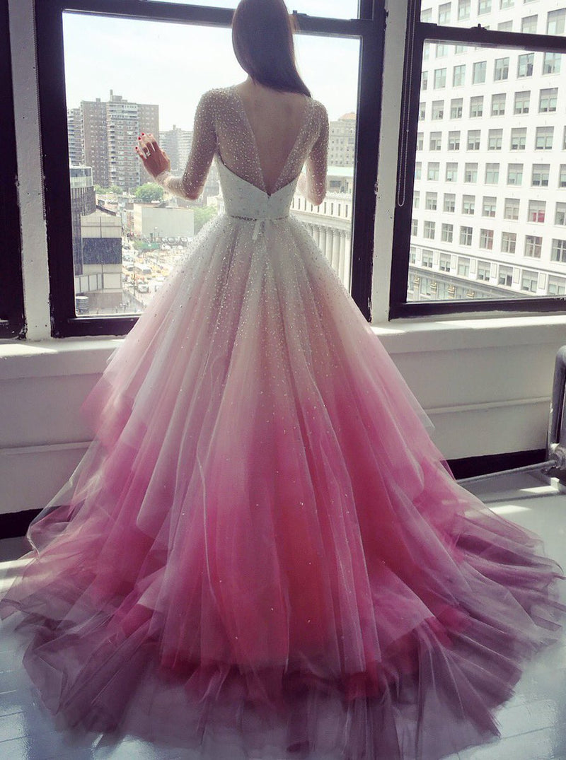 Sparkly Beading Long Sleeve Ombre Wedding Dresses With Layered Bridal Gown PW85