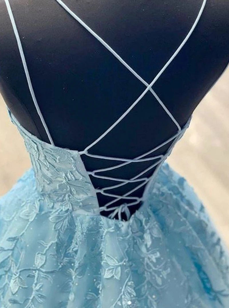 Spaghetti-straps Tulle Sky Blue Long Prom Dresses With Appliques MP75