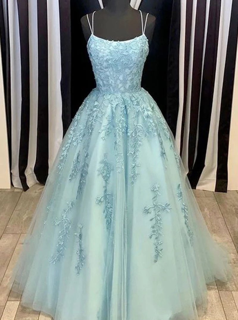 Spaghetti-straps Tulle Sky Blue Long Prom Dresses With Appliques MP75