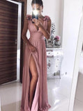 Chiffon V-neck Prom Dresses, Long Formal Dress With Handmade Flower MP155