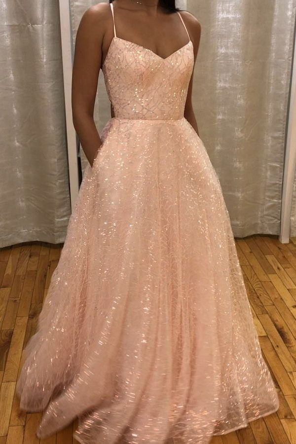 sparkly pink prom dresses long a line backless formal gown with pocket