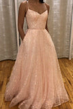 sparkly pink prom dresses long a line backless formal gown with pocket