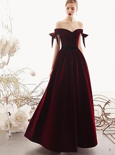 A-line Burgundy Velvet Long Prom Dresses, Elegant Off The Shoulder Evening Dress MP59
