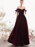 A-line Burgundy Velvet Long Prom Dresses, Elegant Off The Shoulder Evening Dress MP59