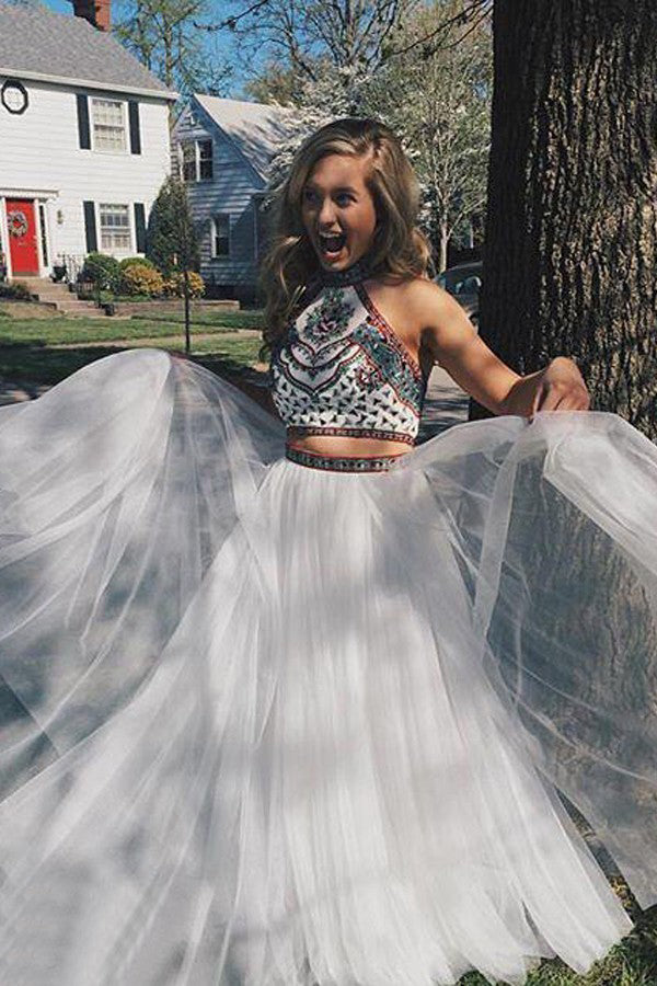 halter neck two piece prom dress beading embroidery graduation dress