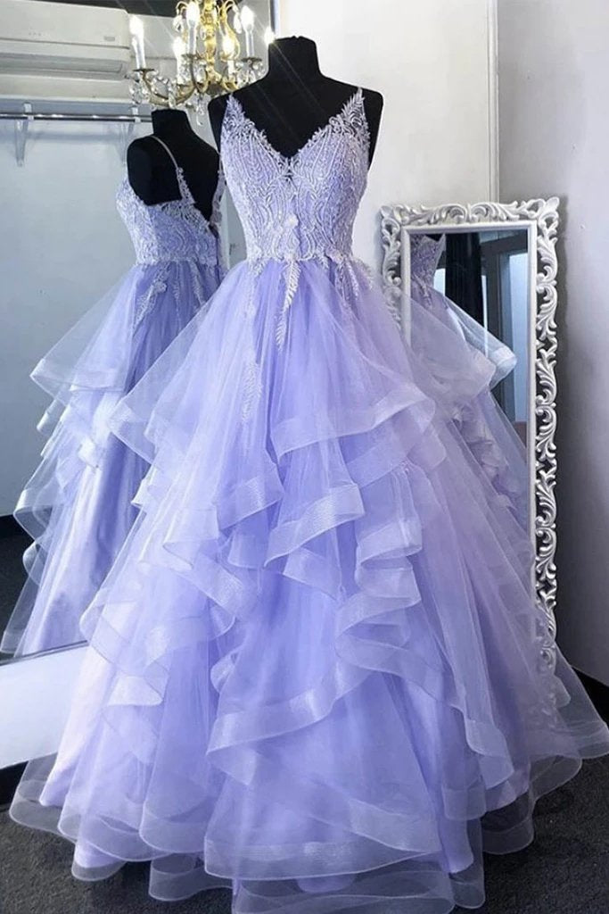 Princess lilac tulle long prom gown lace appliques formal dress mg175
