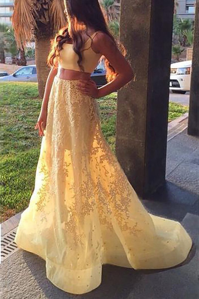 A-line Square Sleeveless Appliqued Two Piece Yellow Prom Dresses MP161