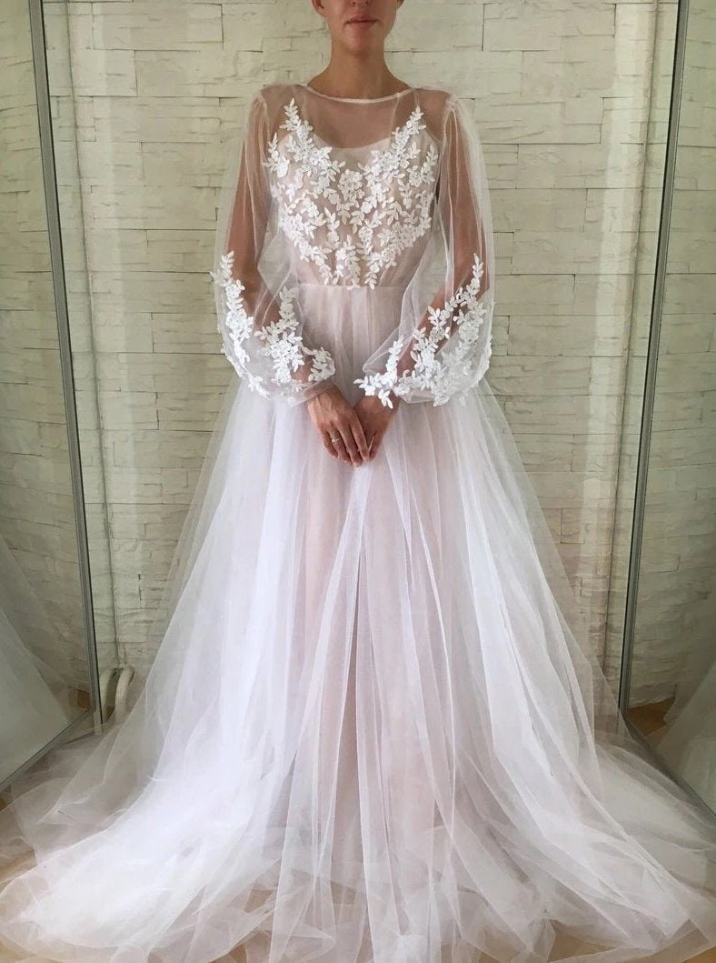 Gorgeous A-line Bateau Long Puff Sleeves Wedding Dress With Appliques PW35