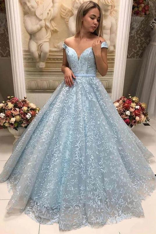 Light blue v-neck applique tulle long prom dress, off shoulder evening dress mg180