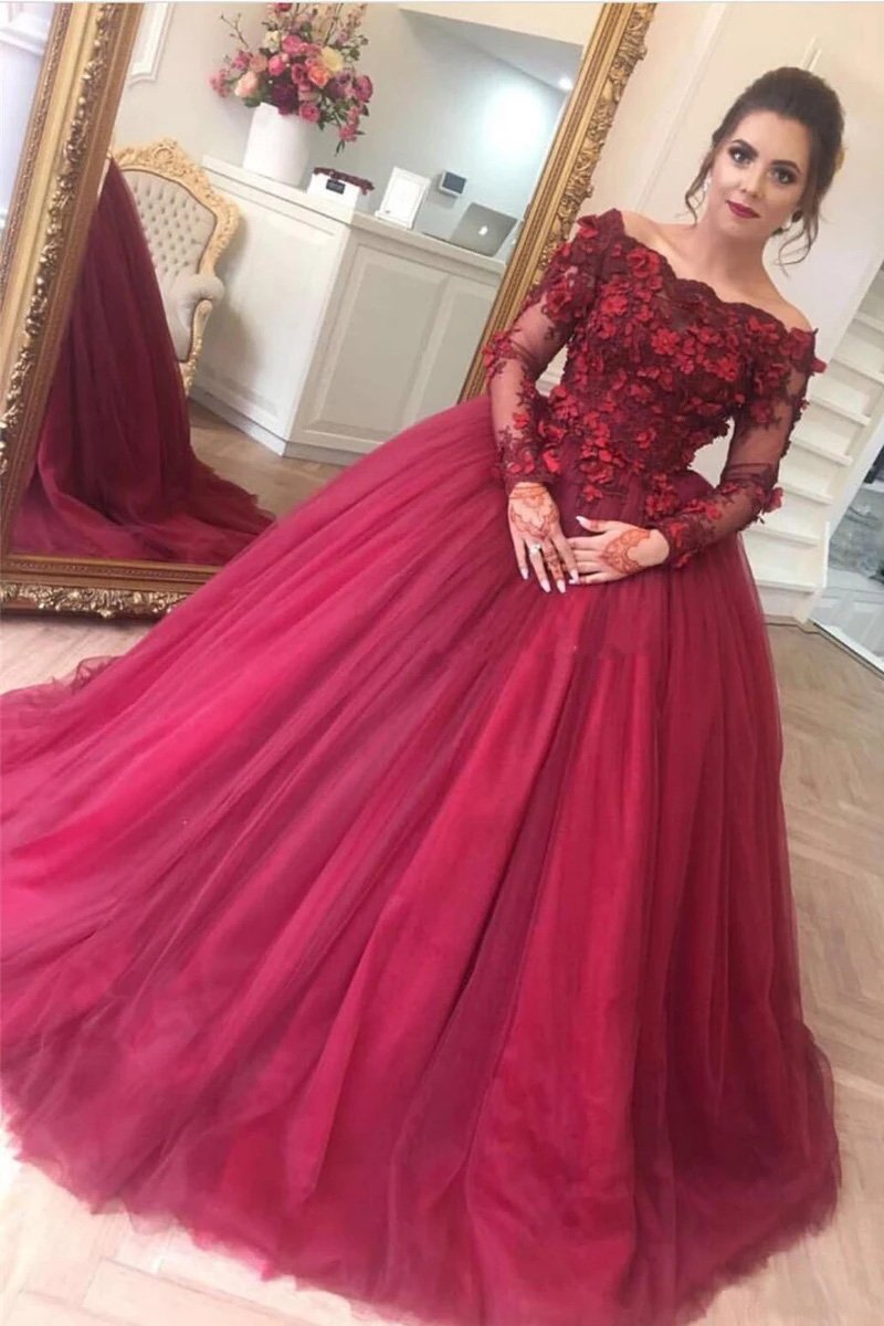 Off-Shoulder Ball Gown Burgundy Long Sleeves Appliques Tulle Prom Dresses MP94