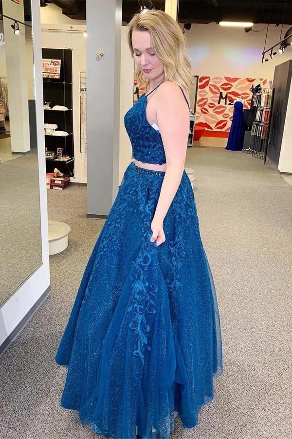 Sparkle tulle appliques two piece royal blue prom formal dresses mg109