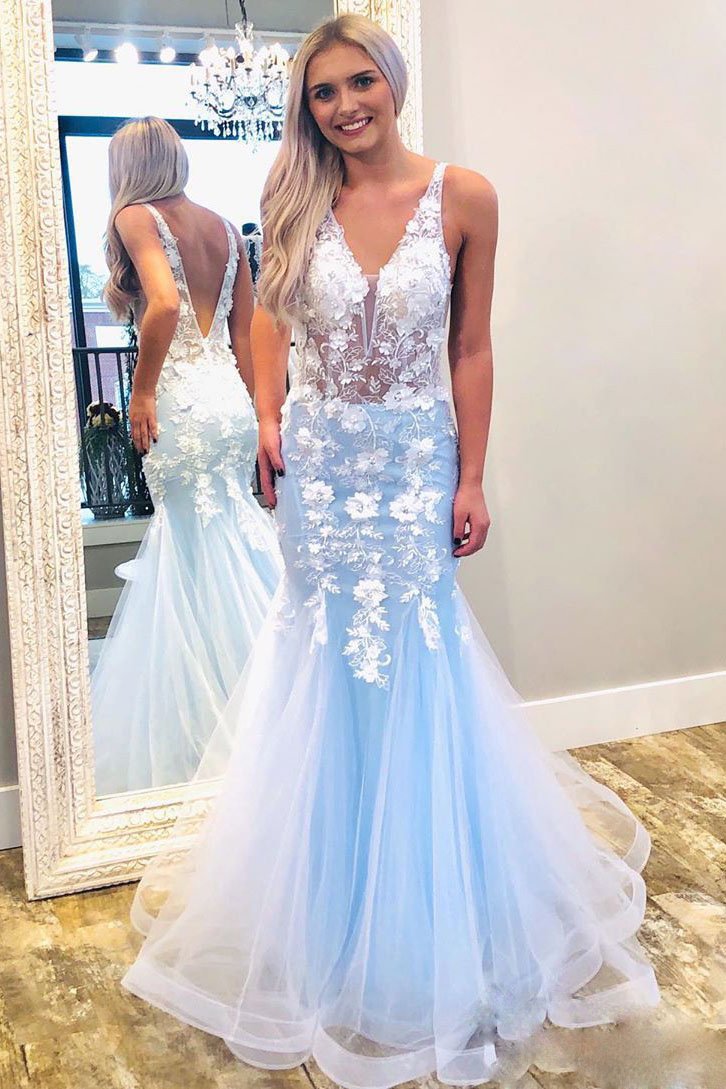 Sky blue mermaid v neck prom dresses with lace appliques mg185