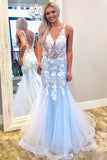 Sky blue mermaid v neck prom dresses with lace appliques mg185
