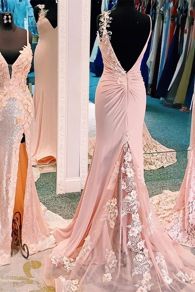 Mermaid v neck spaghetti straps long prom dresses, appliques party dress mg147