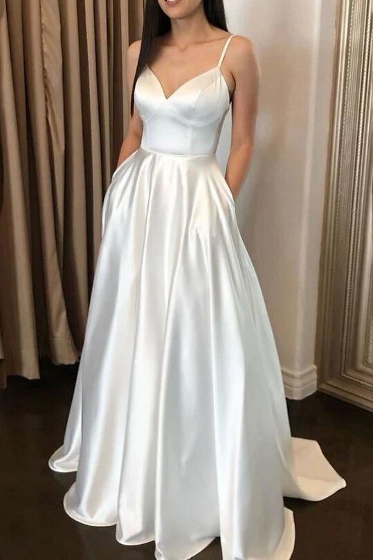 Simple Satin A-line Ivory Spaghetti Straps Long Prom Dresses With Pockets MP68