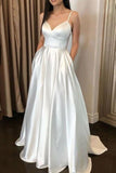 Simple Satin A-line Ivory Spaghetti Straps Long Prom Dresses With Pockets MP68