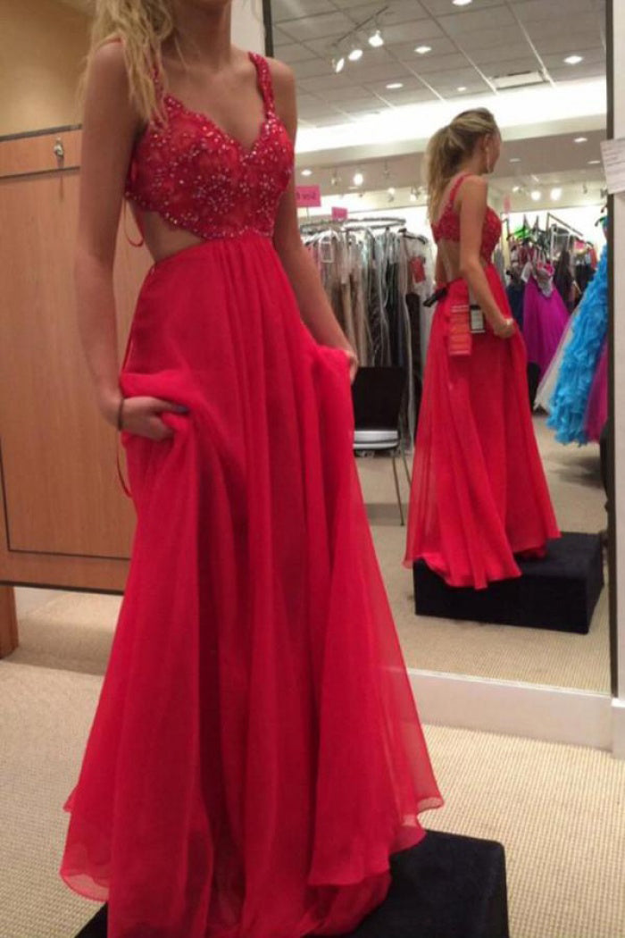 spaghetti strap lace bodice chiffon red long prom gown