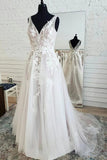 Tulle Plus Size Wedding Dresses, A Line V-neck Lace Appliques Bridal Gown PW21
