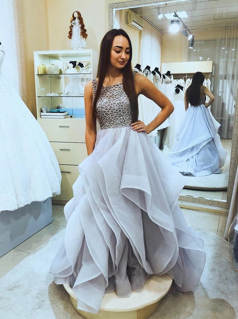 A-Line Square Neck Tulle Ruffled Backless Long Prom Dresses With Beading MP76