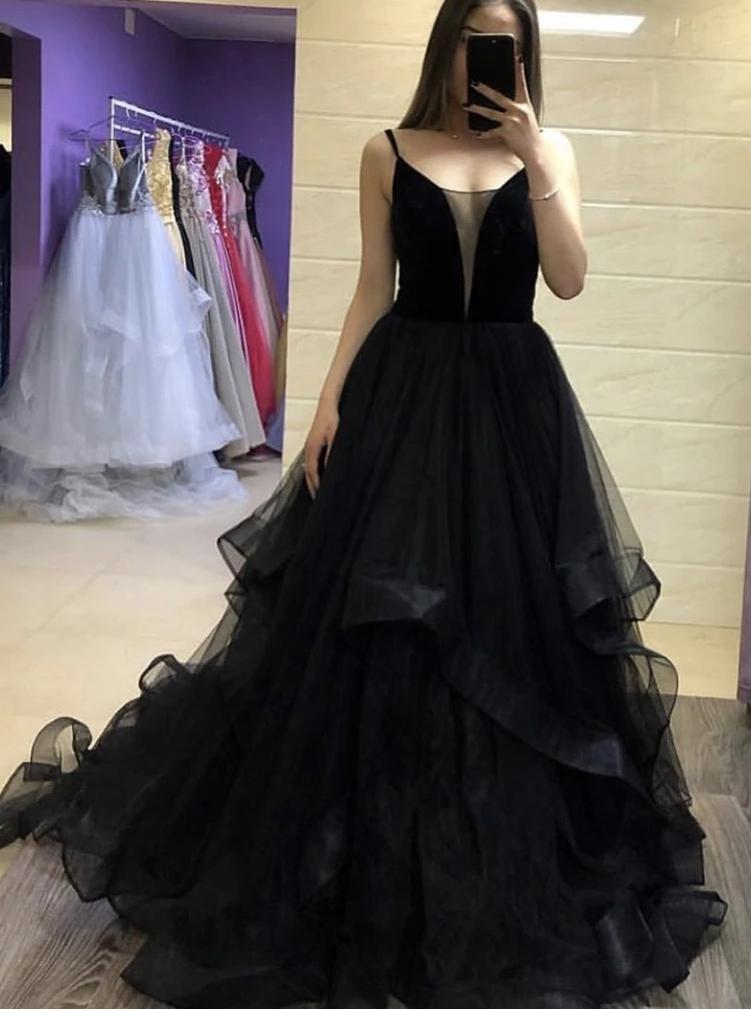 Black tulle long prom dresses, black evening dress with ruffles mg176