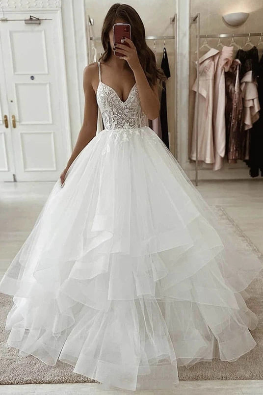 a line v neck sleeveless wedding dress with beaded appliques