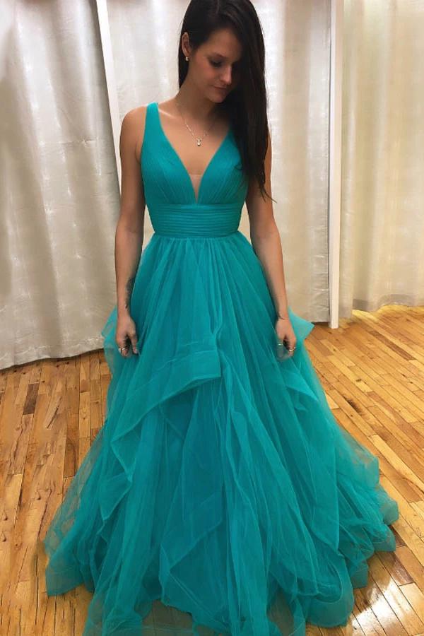 A-line v-neck prom dresses backless tiered skirt evening dress mg183