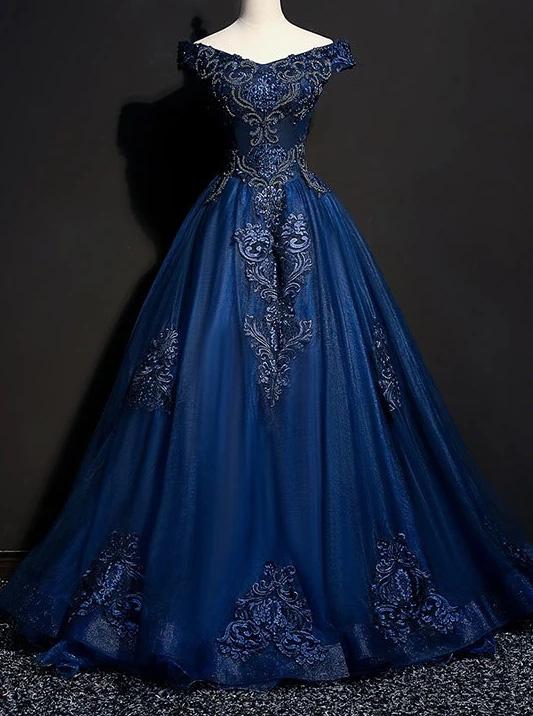 Royal Blue Long Prom Dresses With Lace Appliques, Elegant Off-Shoulder Formal Dress MP62
