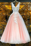 A-line V-neck Tulle Appliqued Floor Length Prom Dresses MP141