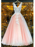 A-line V-neck Tulle Appliqued Floor Length Prom Dresses MP141