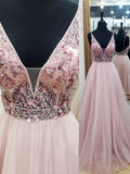 A-line V Neck Beaded Tulle Prom Dresses, Backless V Neck Evening Dresses MG194