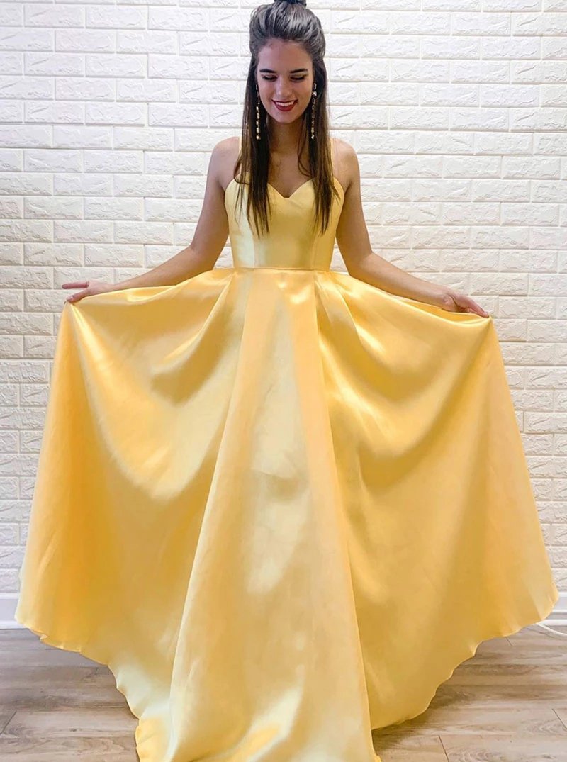 Daffodil A-line V-neck Satin Long Prom Dresses Simple Evening Dress MP78