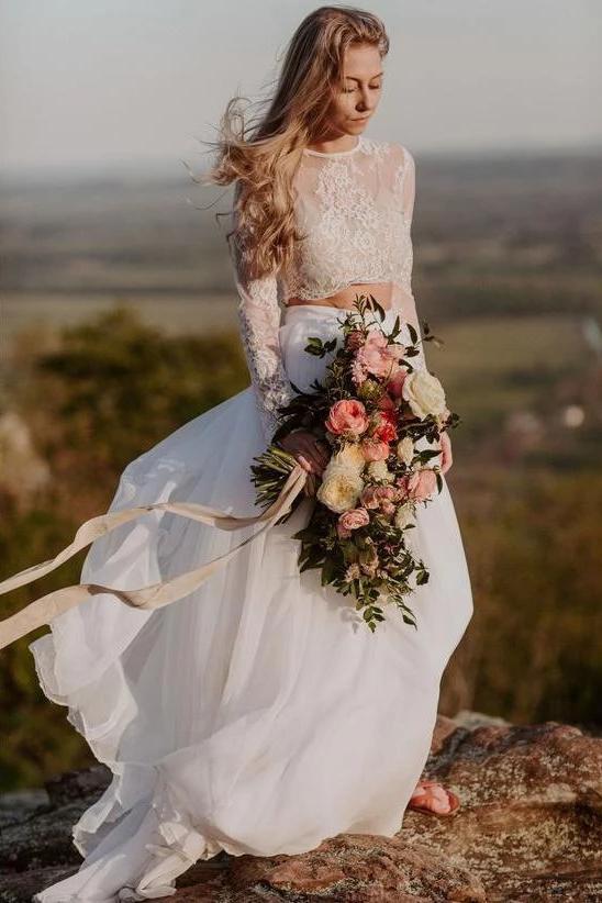 two piece round neck long sleeves lace beach boho wedding dress