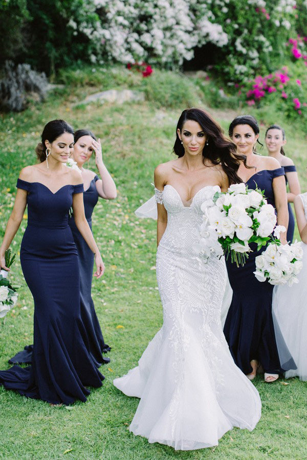 Off-the-Shoulder Satin Mermaid Dark Blue Bridesmaid Dresses PB29