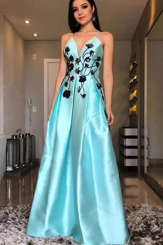 A-line V-neck Long Prom Dresses, Spaghetti Straps Formal Dress MP163