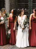 Simple Spaghetti Straps V-neck Chiffon Long Bridesmaid Dresses PB43