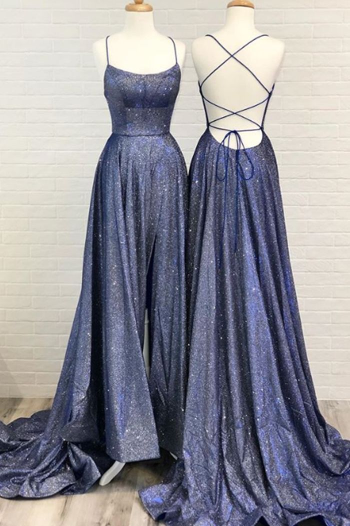 Spaghetti Straps Scoop Neck Long Prom Dresses, Backless Sleeveless Evening Gown MP58