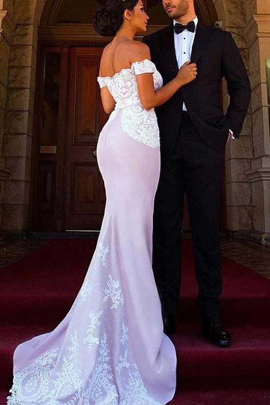 Off-the-shoulder mermaid bridesmaid dresses with lace appliques gb384