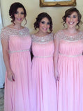 A-line Scoop Neckline Long Pink Bridesmaid Dresses With Beading GB383