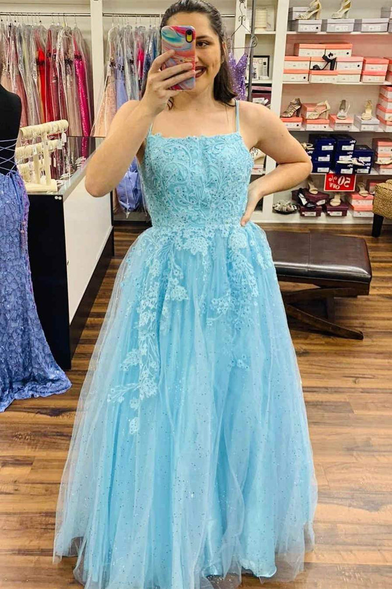 straps light blue long prom dress with appliques plus size a line formal gown