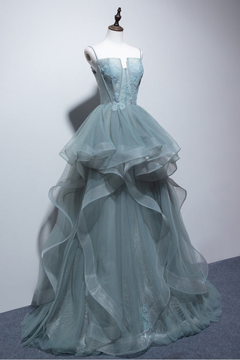 charming spaghetti straps tulle dusty green long prom dress glitter formal party dress