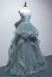 charming spaghetti straps tulle dusty green long prom dress glitter formal party dress
