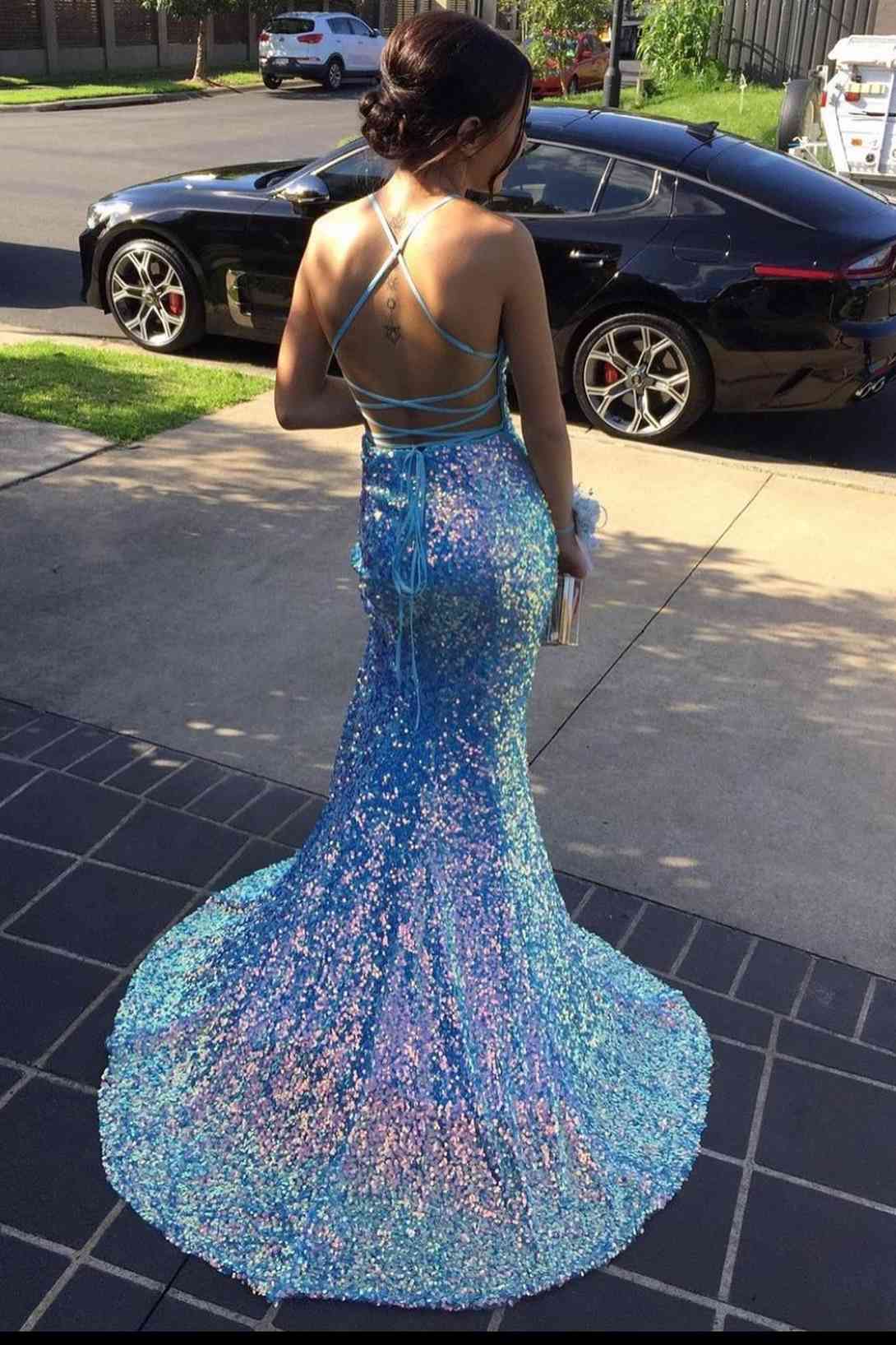 light blue sequin v neck backless prom dress mermaid long formal dress
