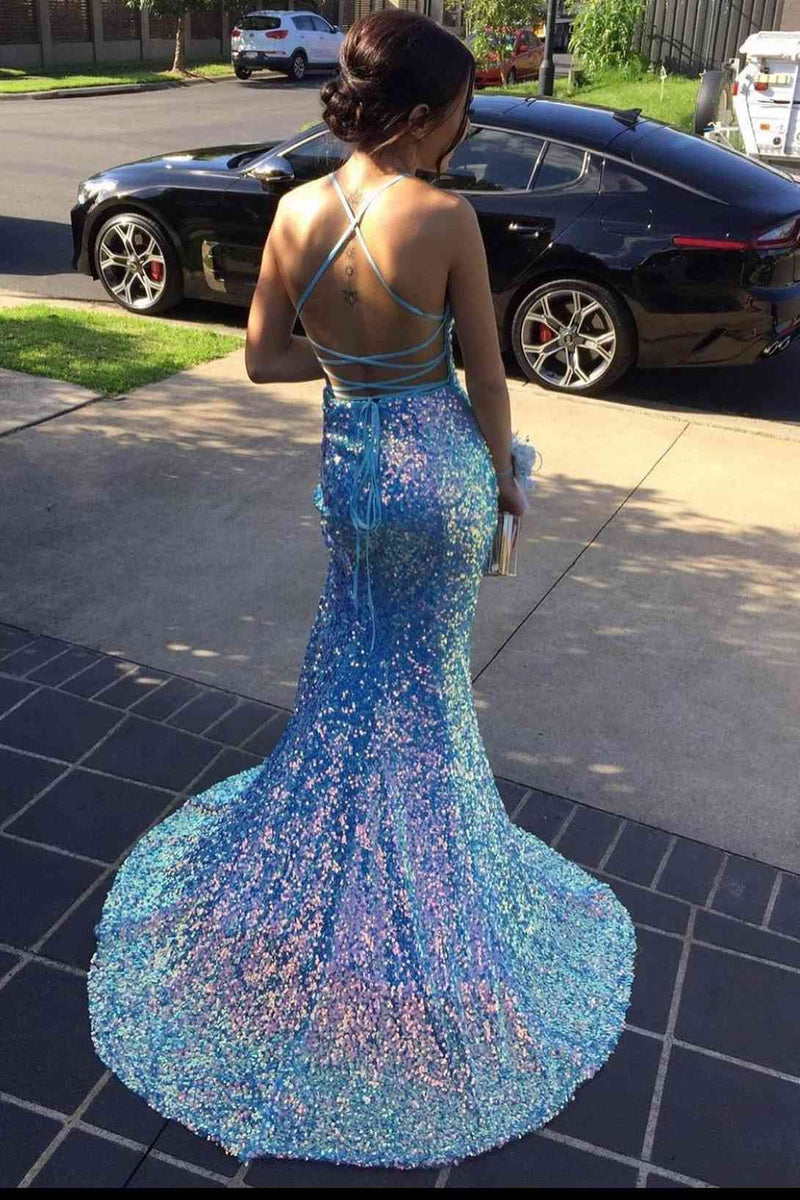 light blue sequin v neck backless prom dress mermaid long formal dress