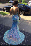 light blue sequin v neck backless prom dress mermaid long formal dress