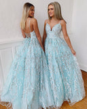 Spaghetti Straps Tulle V-neck Long Prom Dresses With Beaded Appliques MP760